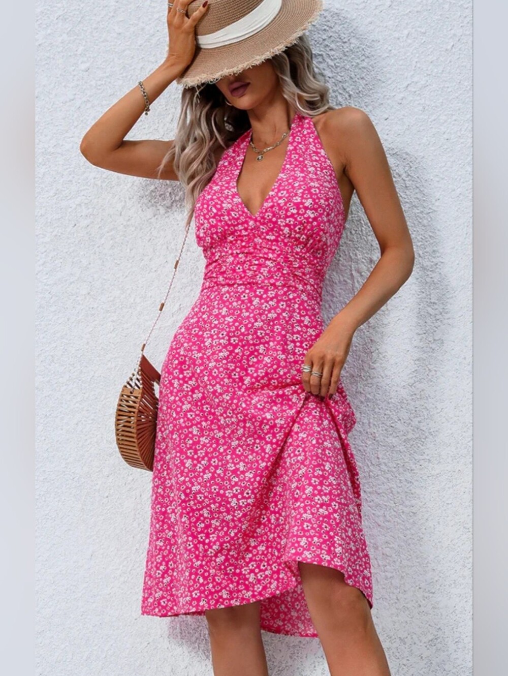 NWT Beachsissi Pink Floral Halter Backless Summer Dress A-Line Size Large